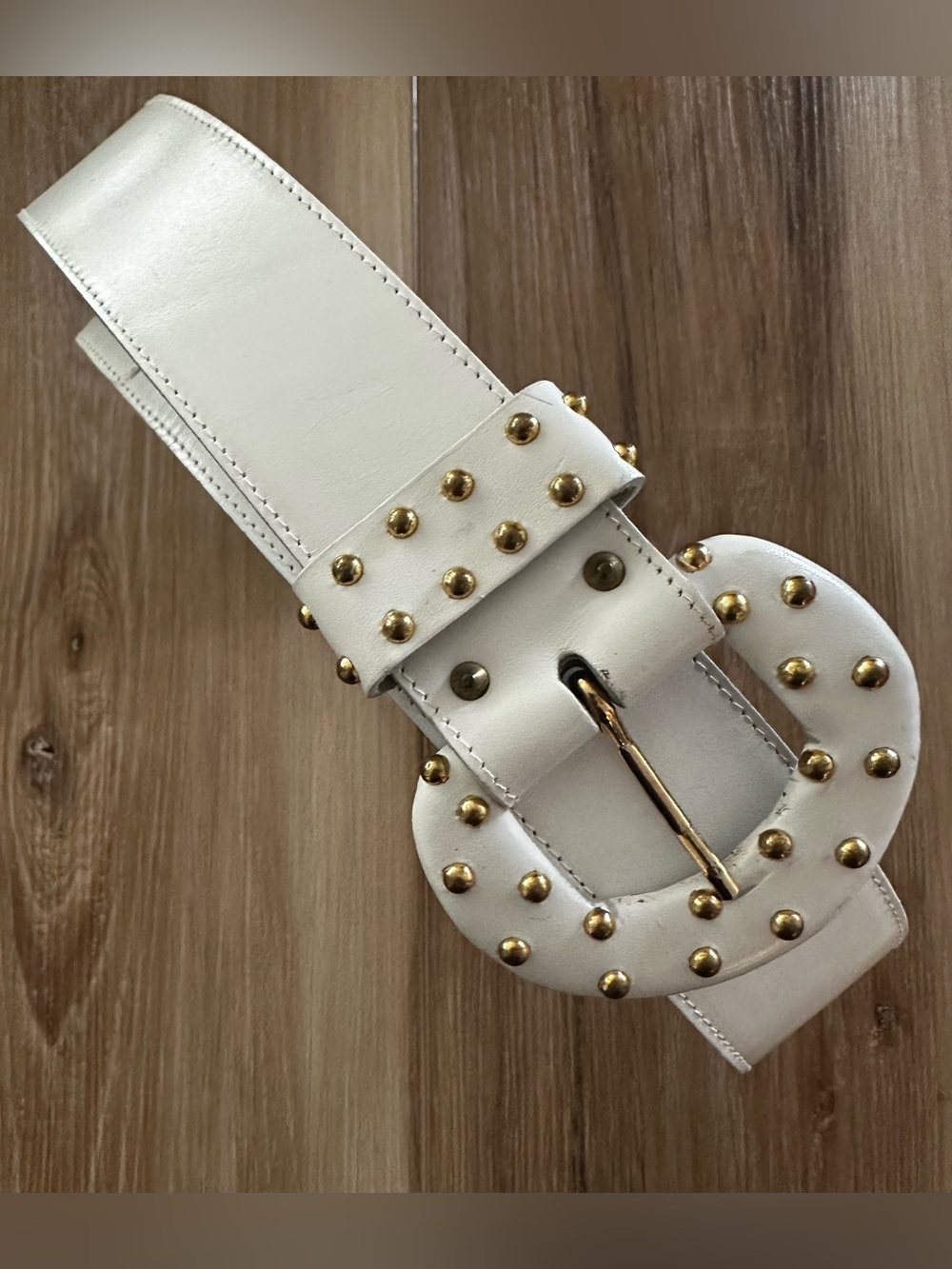 Vintage Calderon White Leather Belt w/Studded Buckle M